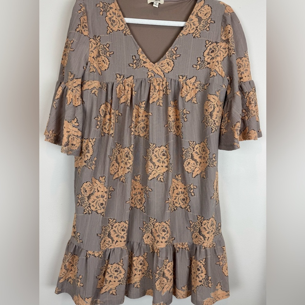 Umgee Gray Taupe Lace Overlay Babydoll Dress Ruffle Sleeve Boho Tunic Medium
